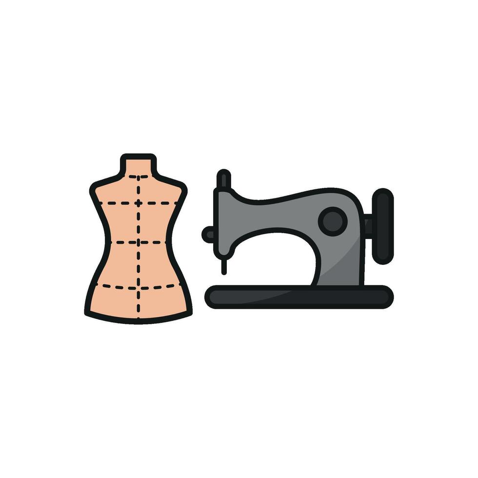 Mannequin and Sewing Machine Set Icon features a clean and polished graphic, perfect for showcasing custom apparel, garment construction, and sewing machine use vector