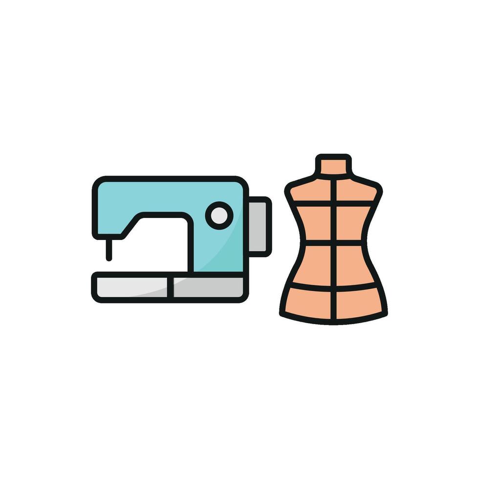 Mannequin and Sewing Machine Set Icon features a chic and minimalist graphic, perfect for promoting sewing kits, custom garment creation, and tailoring services vector