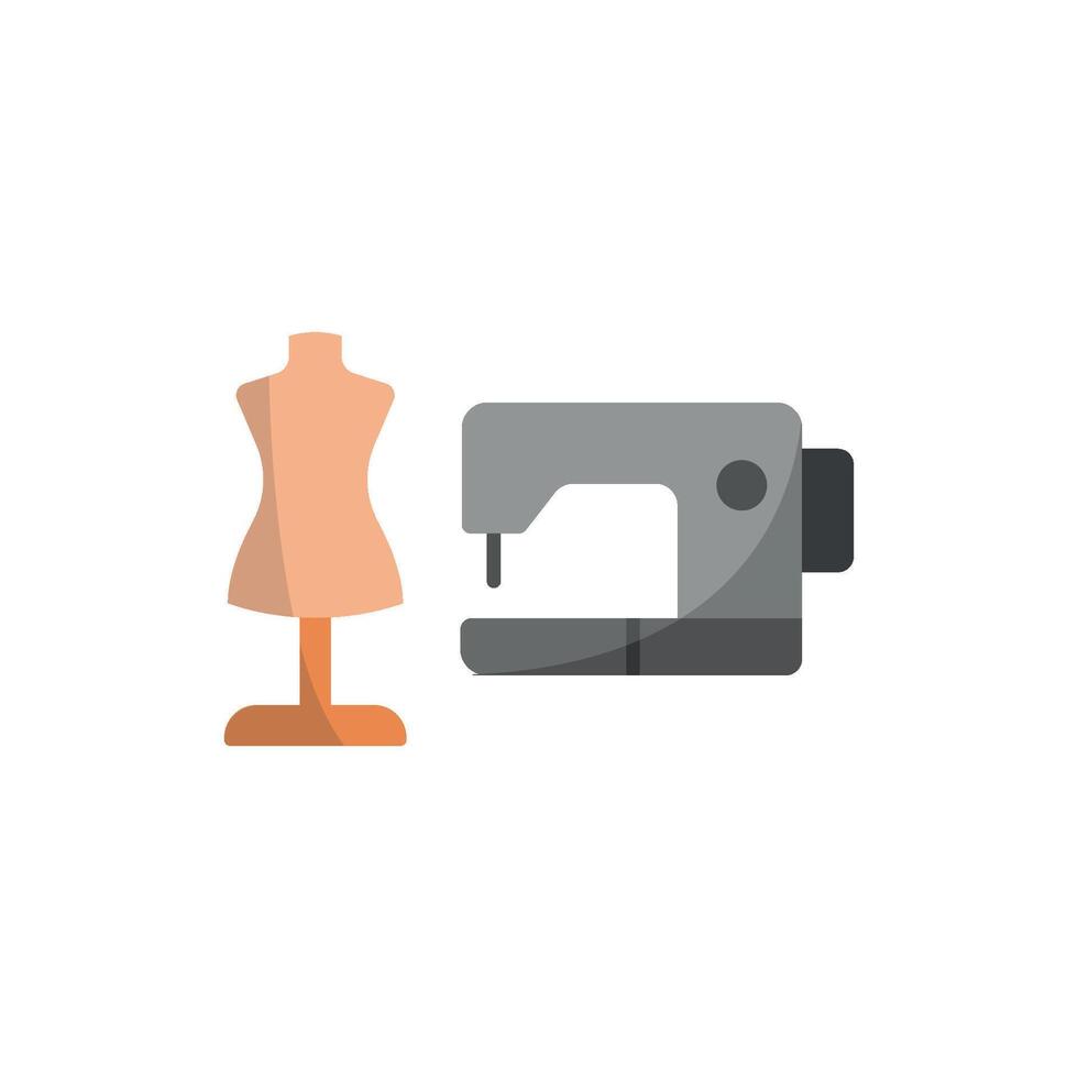 Mannequin and Sewing Machine Set Icon offers a clean and stylish graphic, perfect for promoting fashion design tutorials, garment construction, and sewing workshops vector