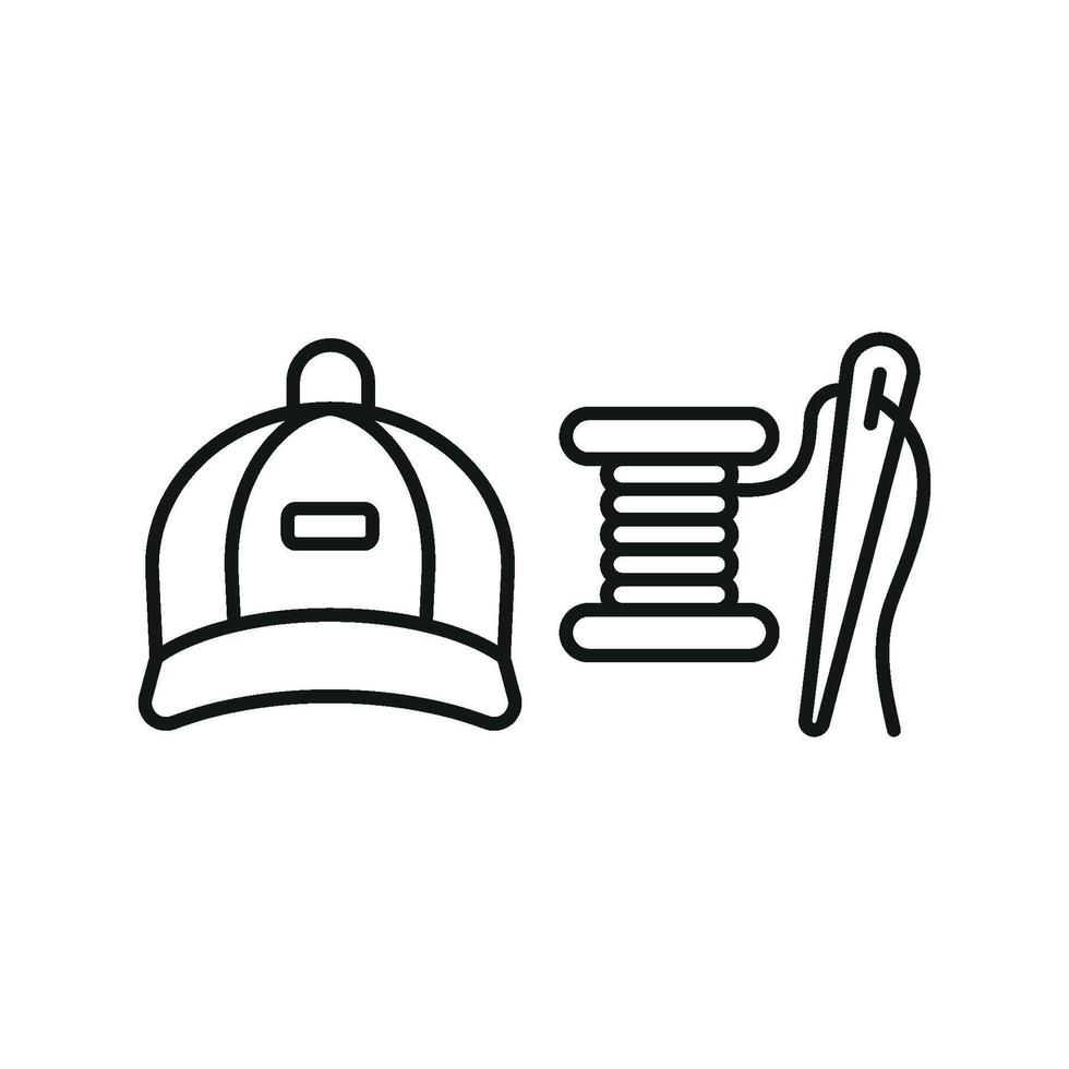 Needle and Thread and Cap Set Icon features a trendy and minimalistic graphic, ideal for showcasing custom cap creations, sewing tools, and fashion DIY kits vector