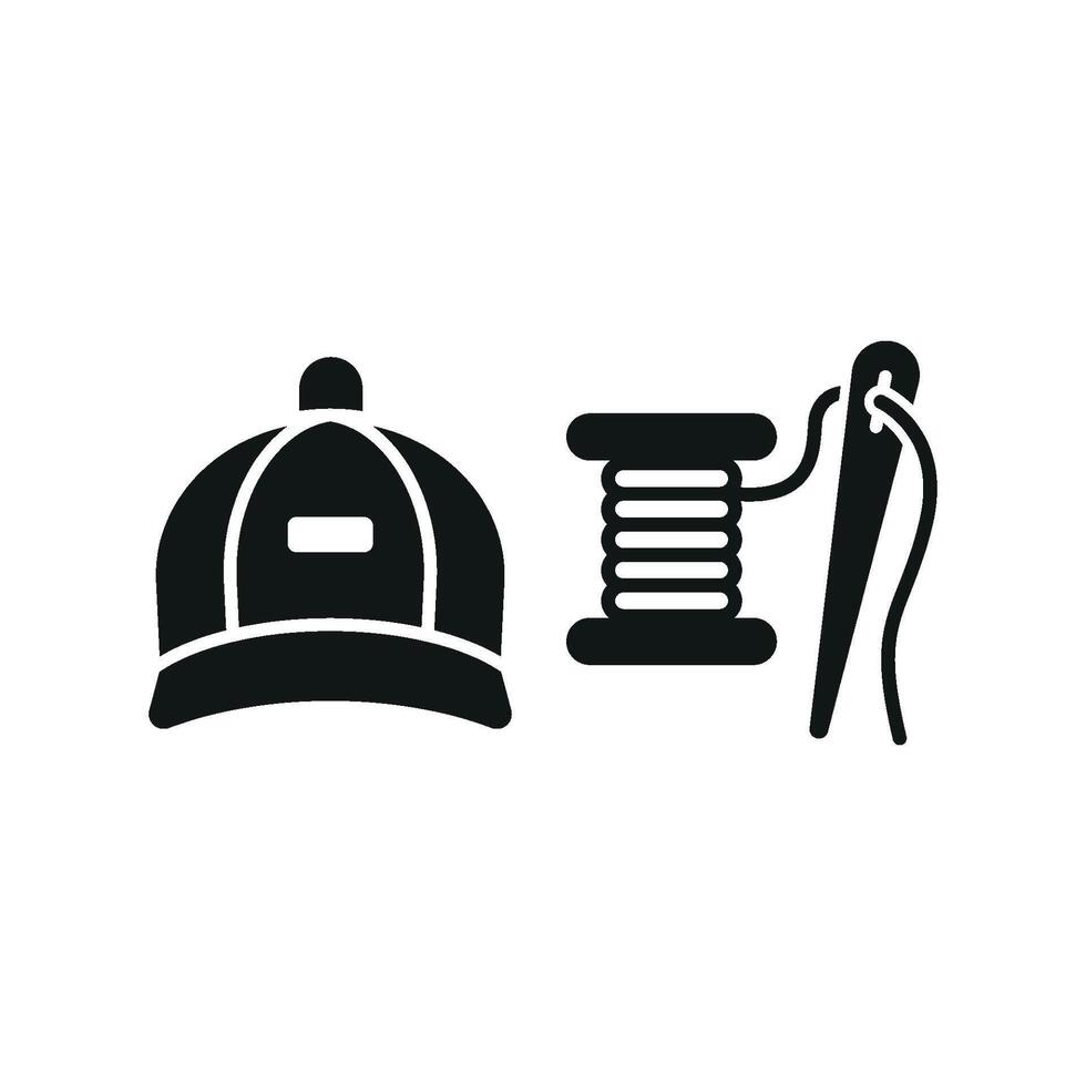 Needle and Thread and Cap Set Icon features a clean and professional design, ideal for promoting custom cap-making services, sewing workshops, and fashion accessories vector
