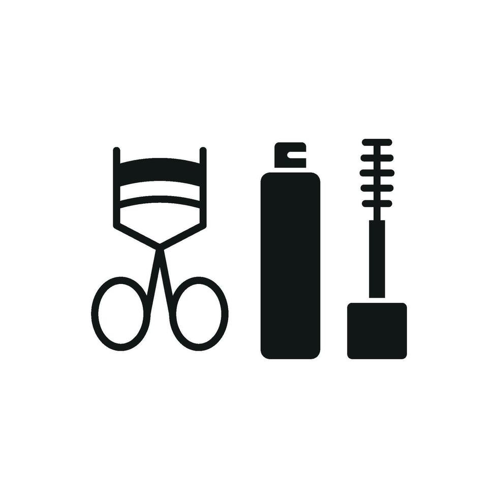 Mascara and Eyelash Curl Set Icon provides a bold and artistic graphic, perfect for showcasing makeup kits, eyelash products, and beauty blogs vector