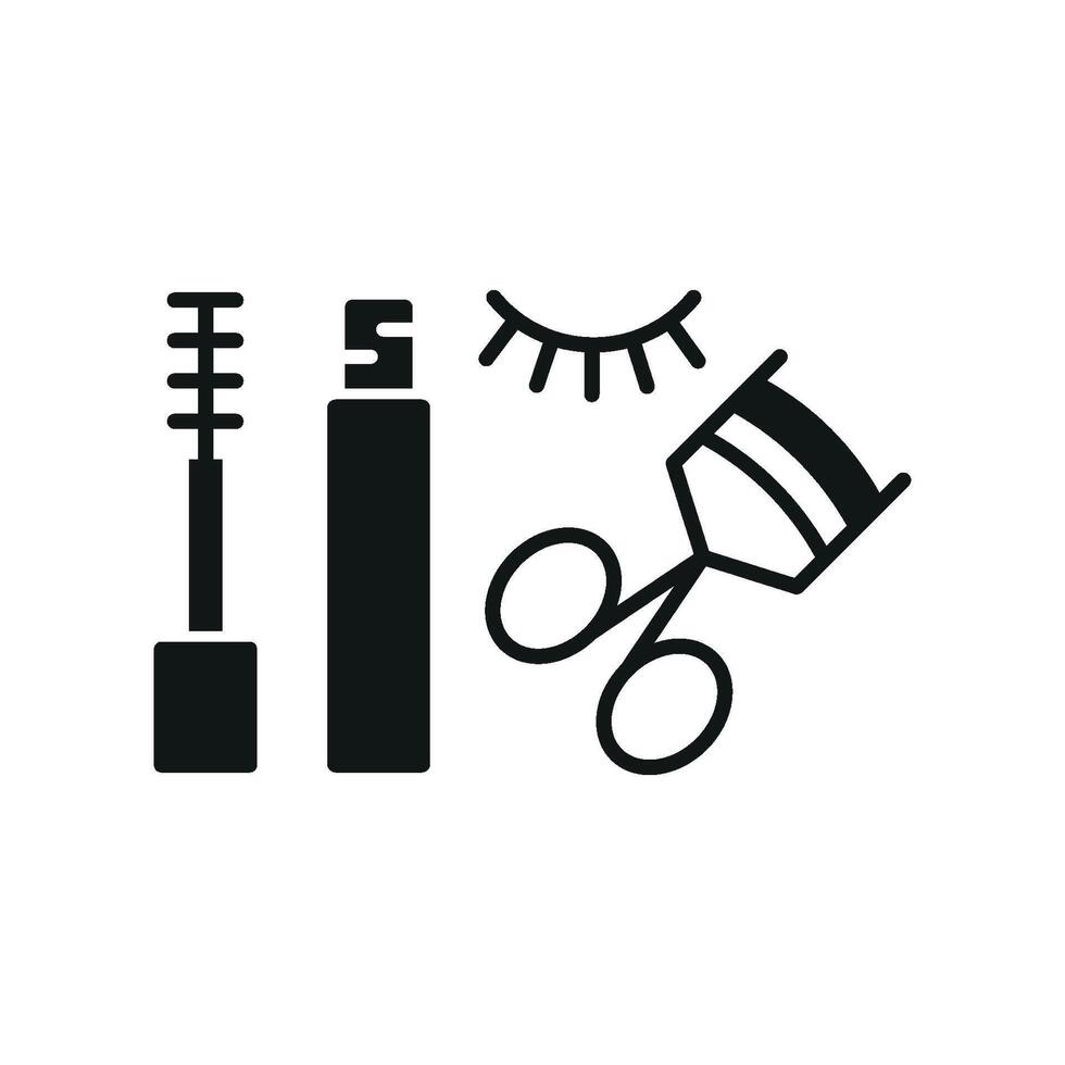 Mascara and Eyelash Curl Set Icon offers a modern and elegant graphic, ideal for showcasing professional makeup tools, beauty stores, and cosmetic services. vector