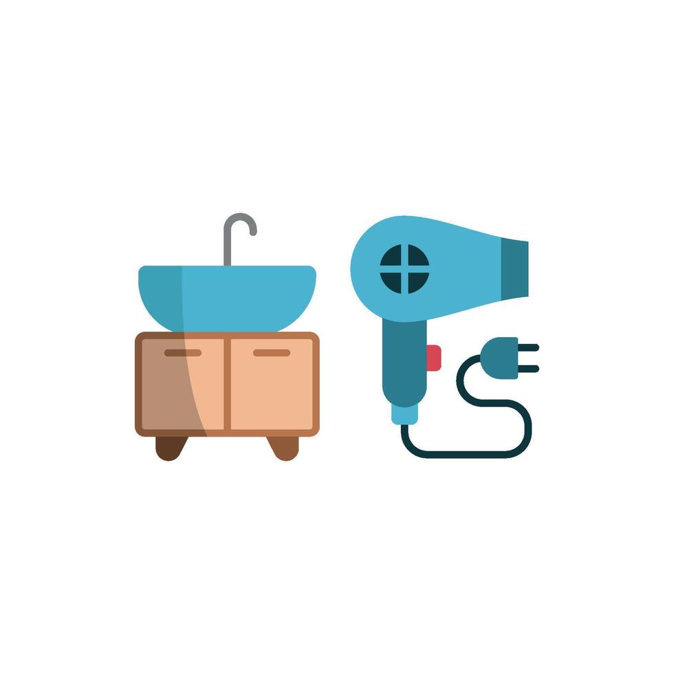 Sink and Hair Dryer Set Icon is a dynamic and appealing graphic, perfect for illustrating modern bathrooms, personal grooming, and home amenities vector