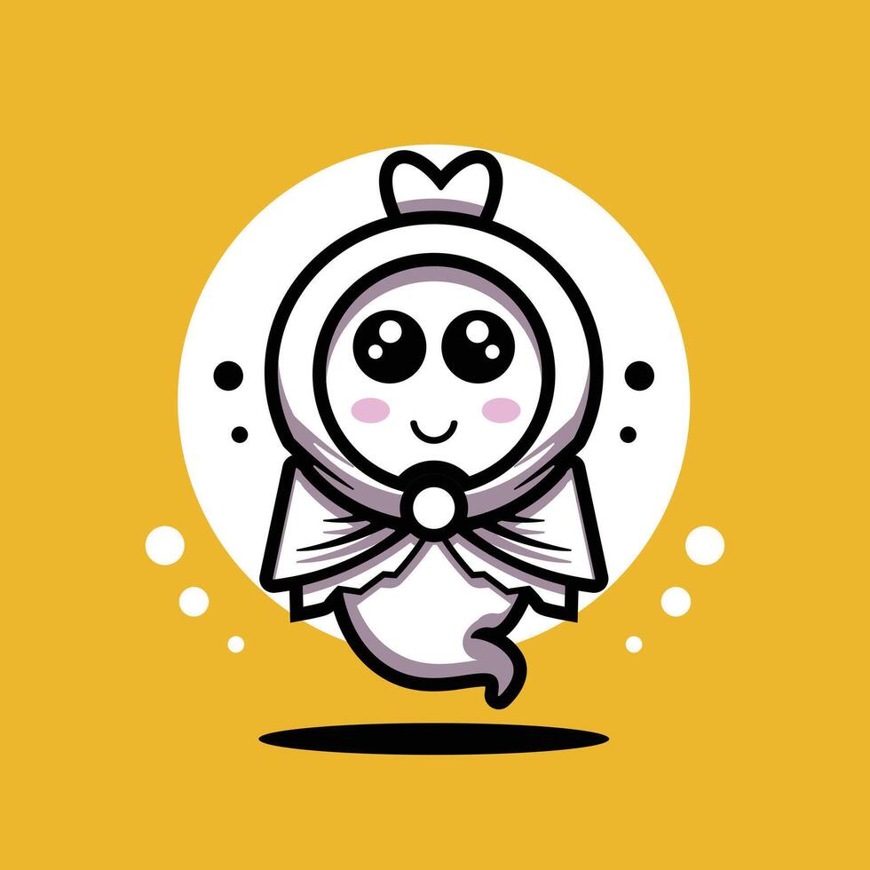 A whimsical ghost character smiles happily, adorned with a bow and scarf. The background is cheerful yellow, enhancing the playful nature of this illustration. vector