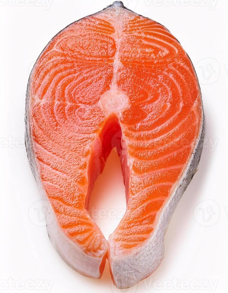 Pieces of fresh raw salmon floating in the air, isolated on white background. photo