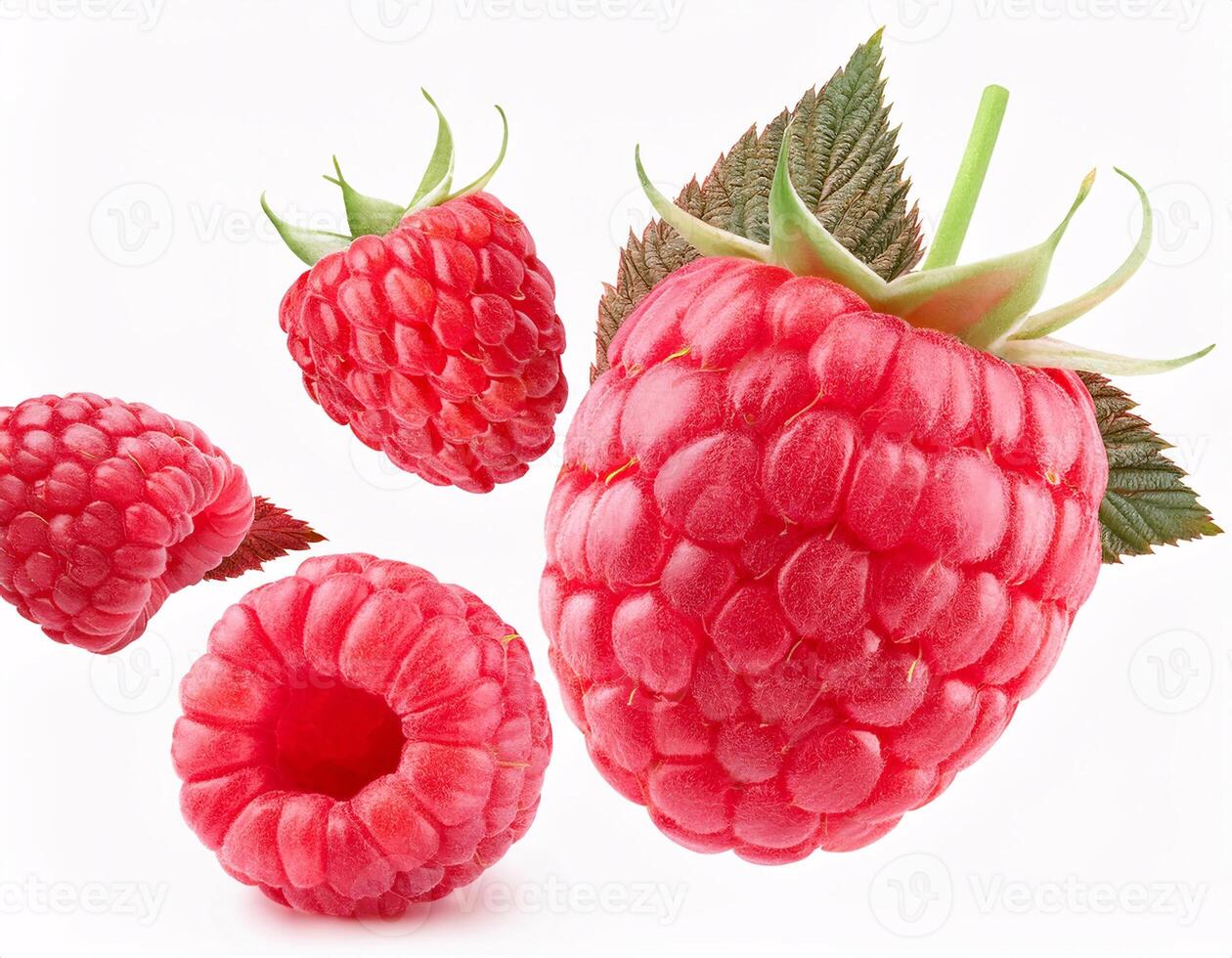 Fresh raspberries floating in the air, isolated on white background. photo