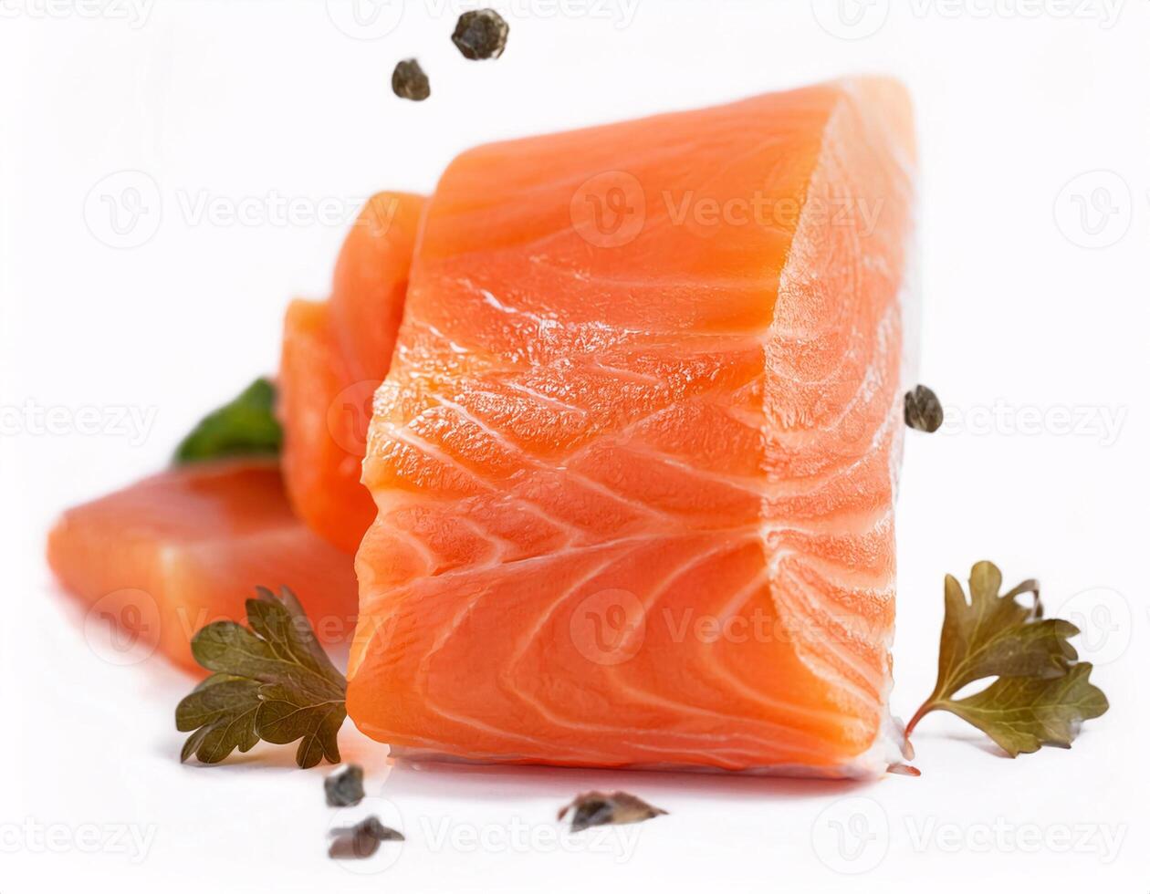 Pieces of fresh raw salmon floating in the air, isolated on white background photo