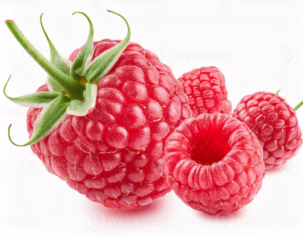 Fresh raspberries floating in the air, isolated on white background. photo