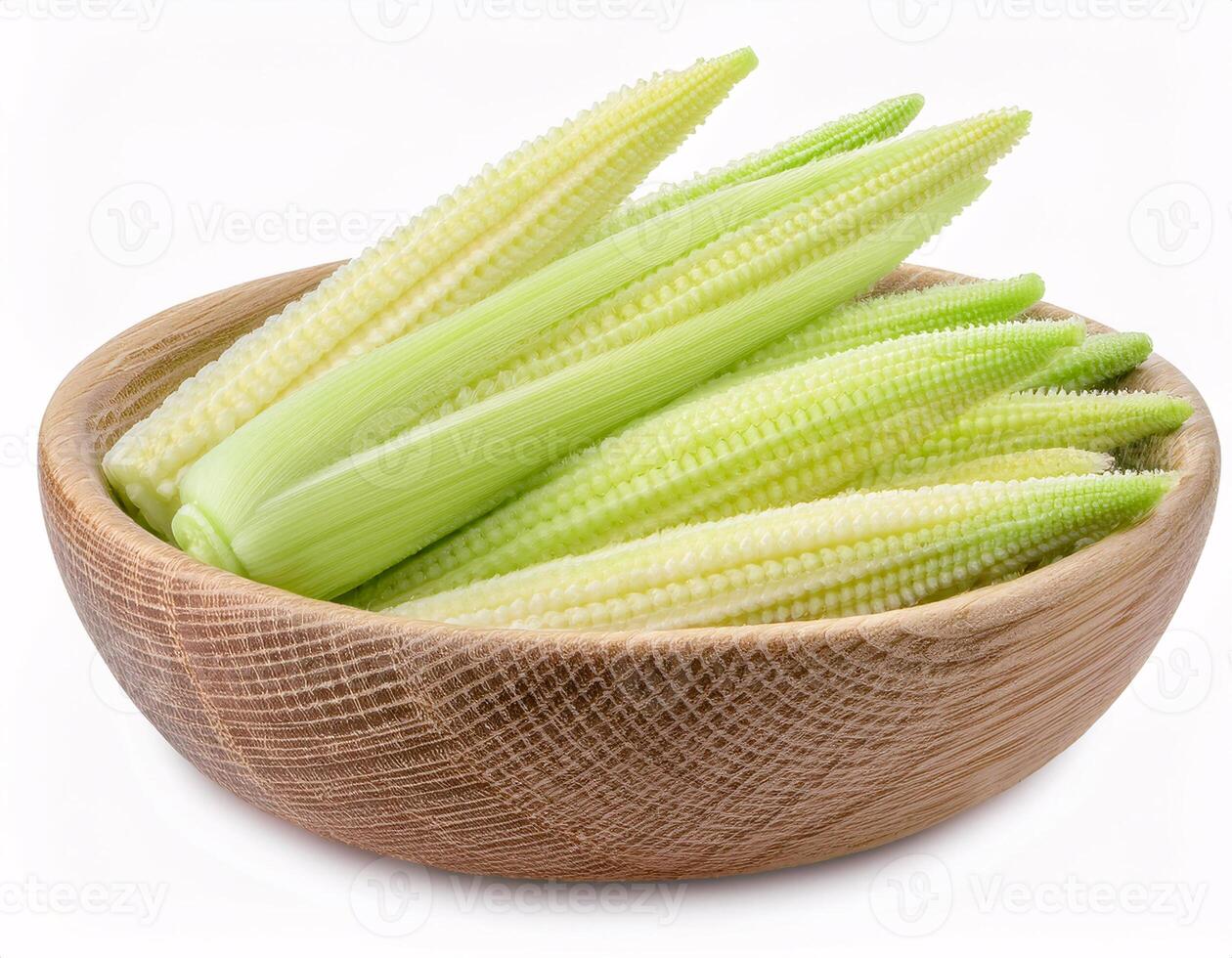 Baby corn, isolated on a white background, shows its small and slender shape. photo