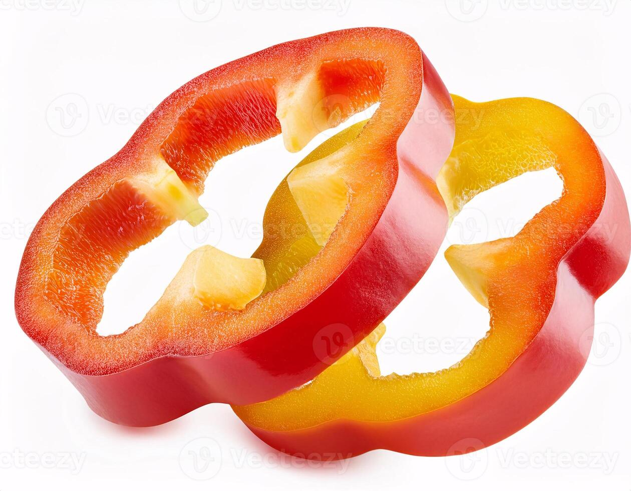 Pieces of colorful sweet peppers floating in the air, isolated on white background photo