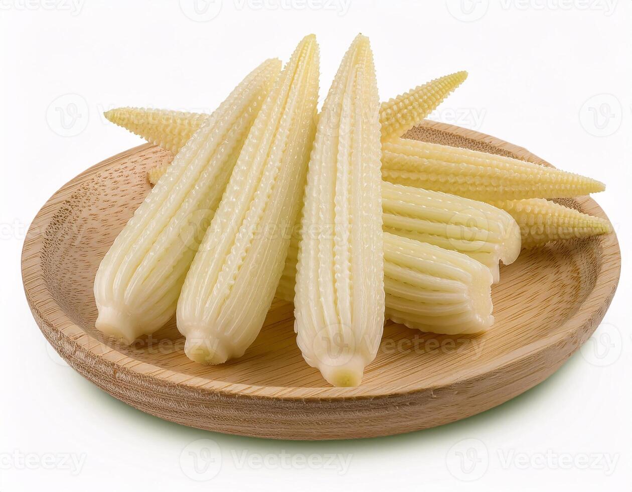 Baby corn, isolated on a white background, shows its small and slender shape. photo