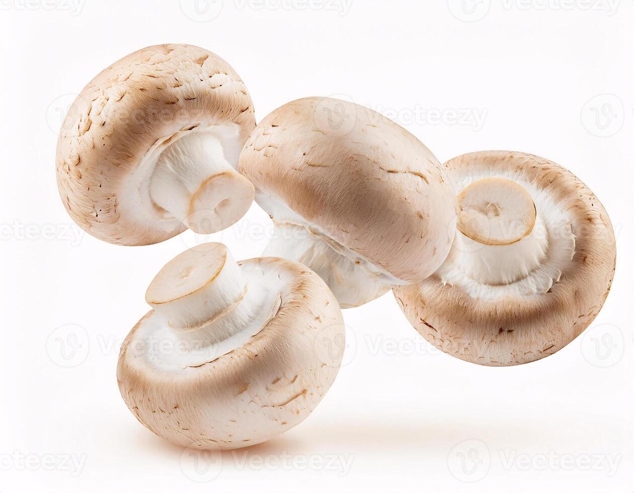 Falling fresh champignon mushrooms floating in the air, isolated on white background. photo