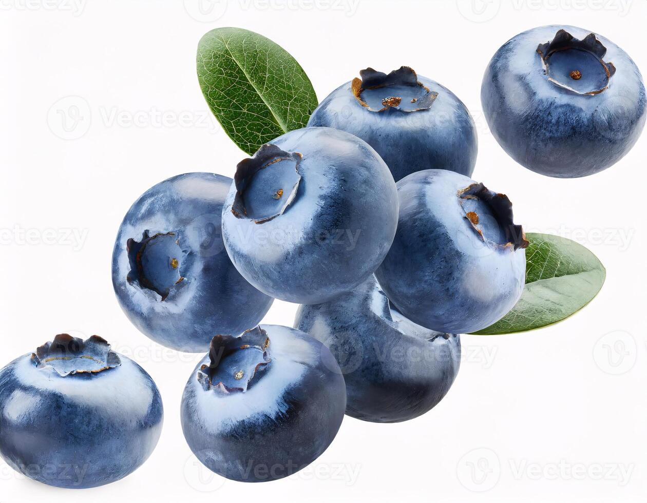 Falling blueberries floating in the air, isolated with white background and sharp clipping path photo