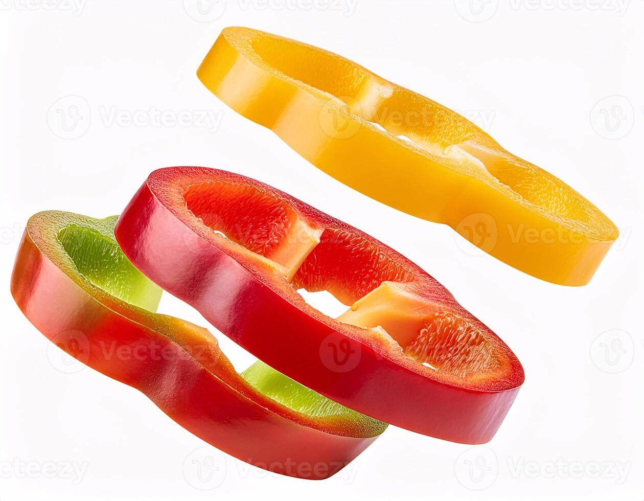 Pieces of colorful sweet peppers floating in the air, isolated on white background photo