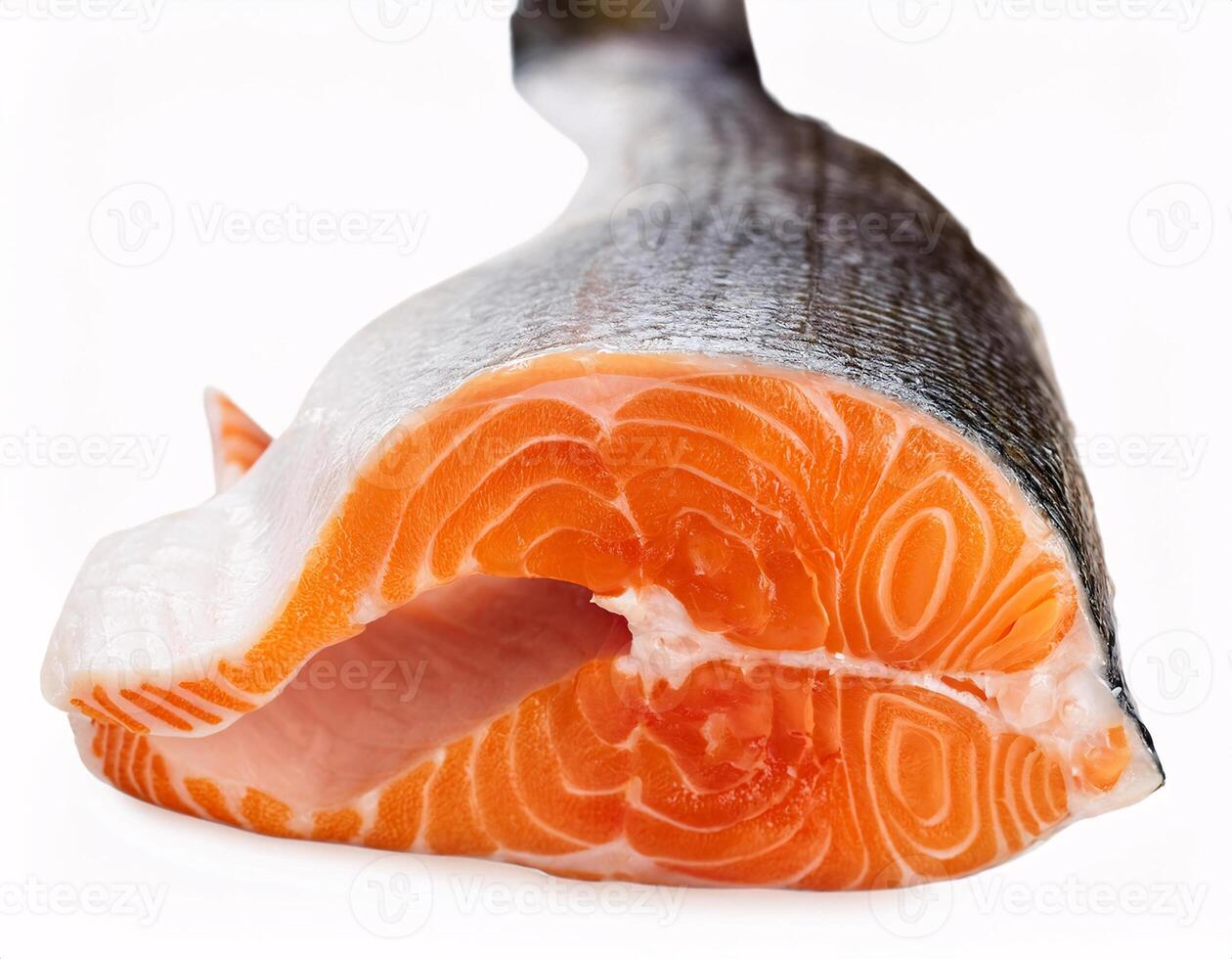 Pieces of fresh raw salmon floating in the air, isolated on white background photo