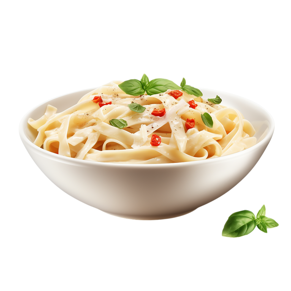 Delicious creamy pasta bowl garnished with herbs and fresh basil leaves png