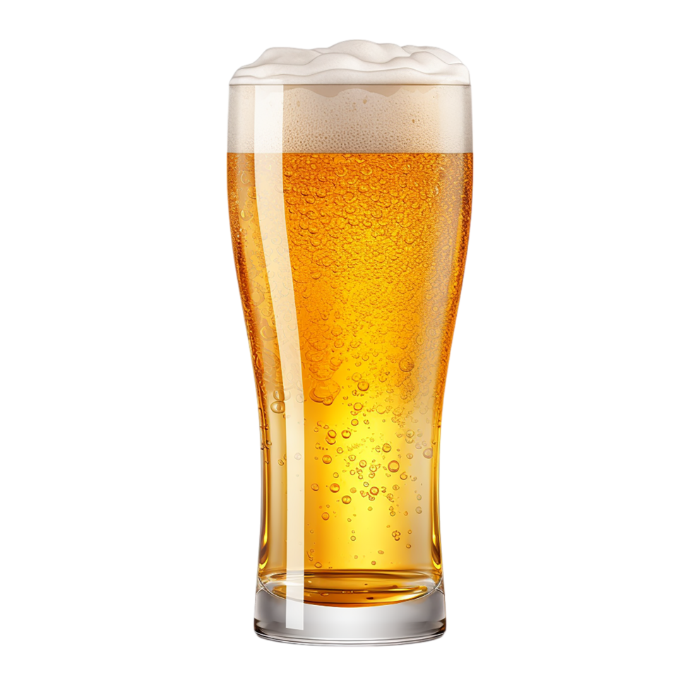Tall glass of golden beer with frothy foam and sparkling bubbles png