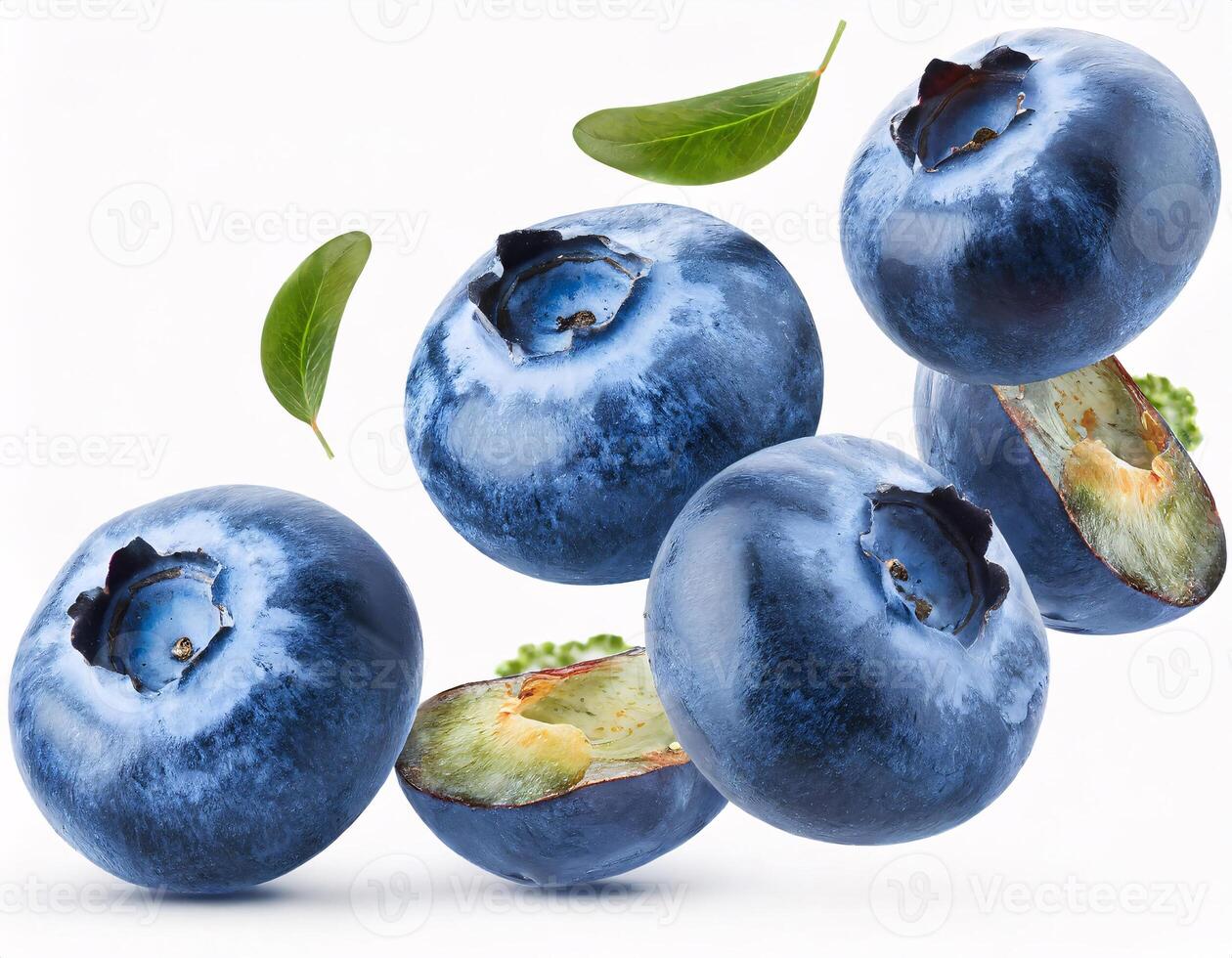 Falling blueberries floating in the air, isolated with white background and sharp clipping path photo