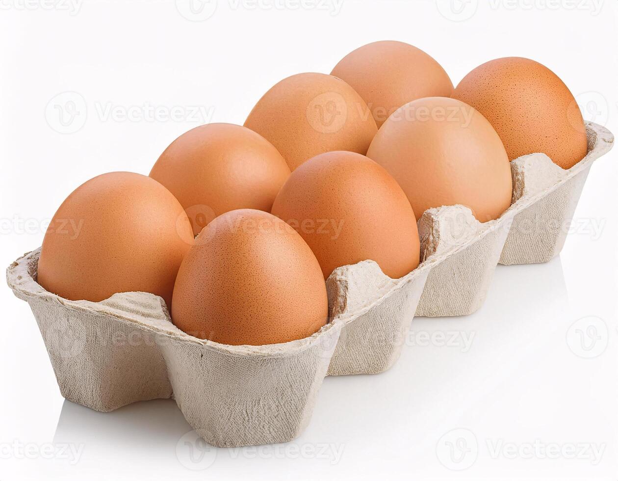 Ten chicken eggs lying in a paper box, isolated on a white background photo