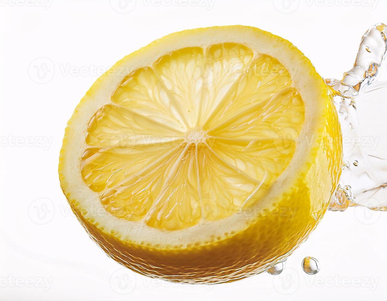 Falling fresh lemon slices floating in the air, isolated on white background photo