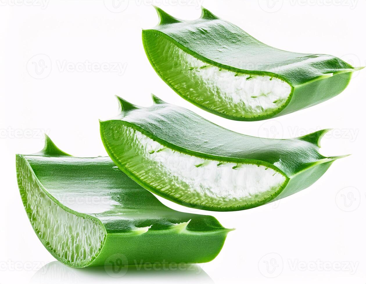 Falling aloe vera in slice shape, isolated on white background and sharp clipping path photo