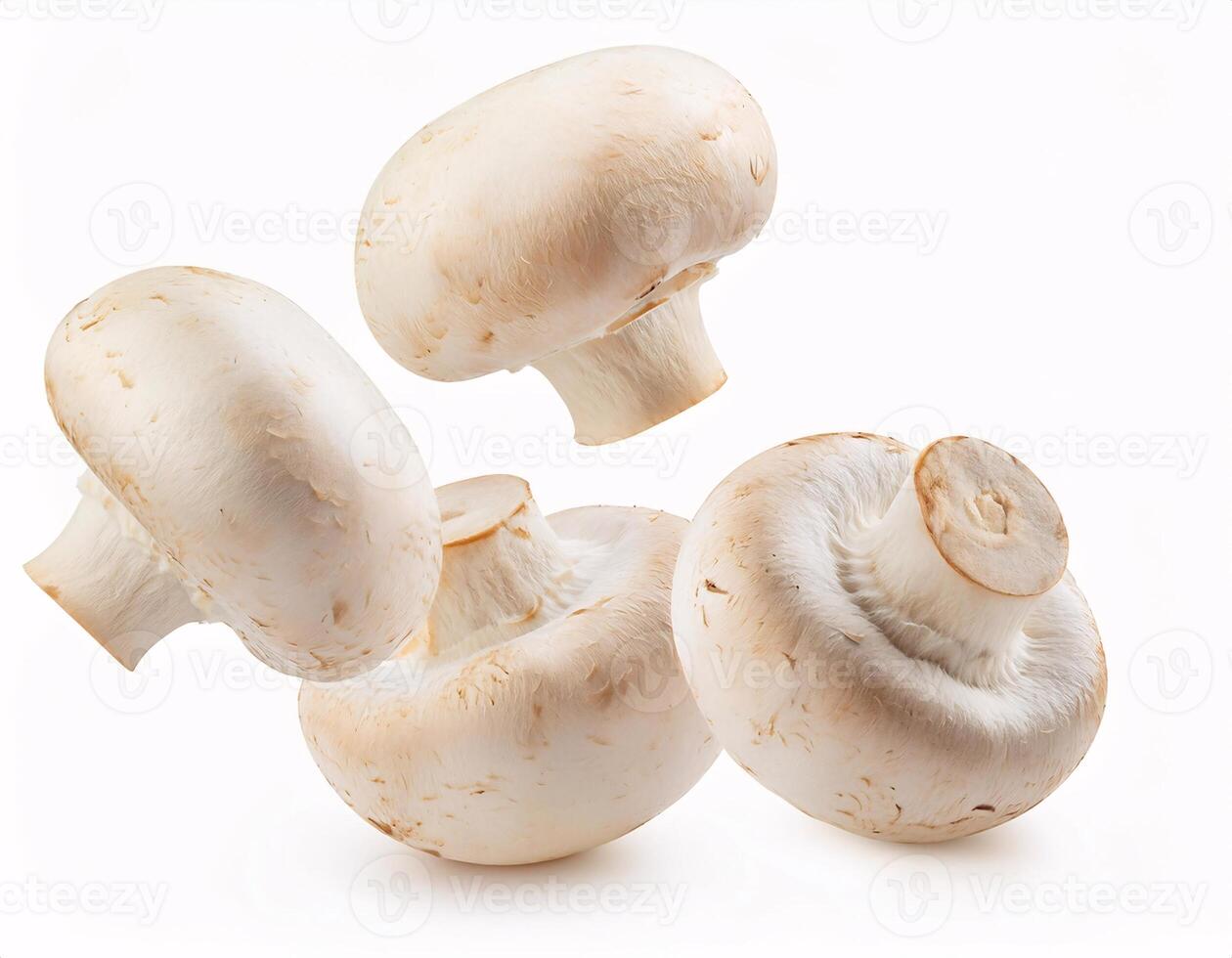 Falling fresh champignon mushrooms floating in the air, isolated on white background. photo