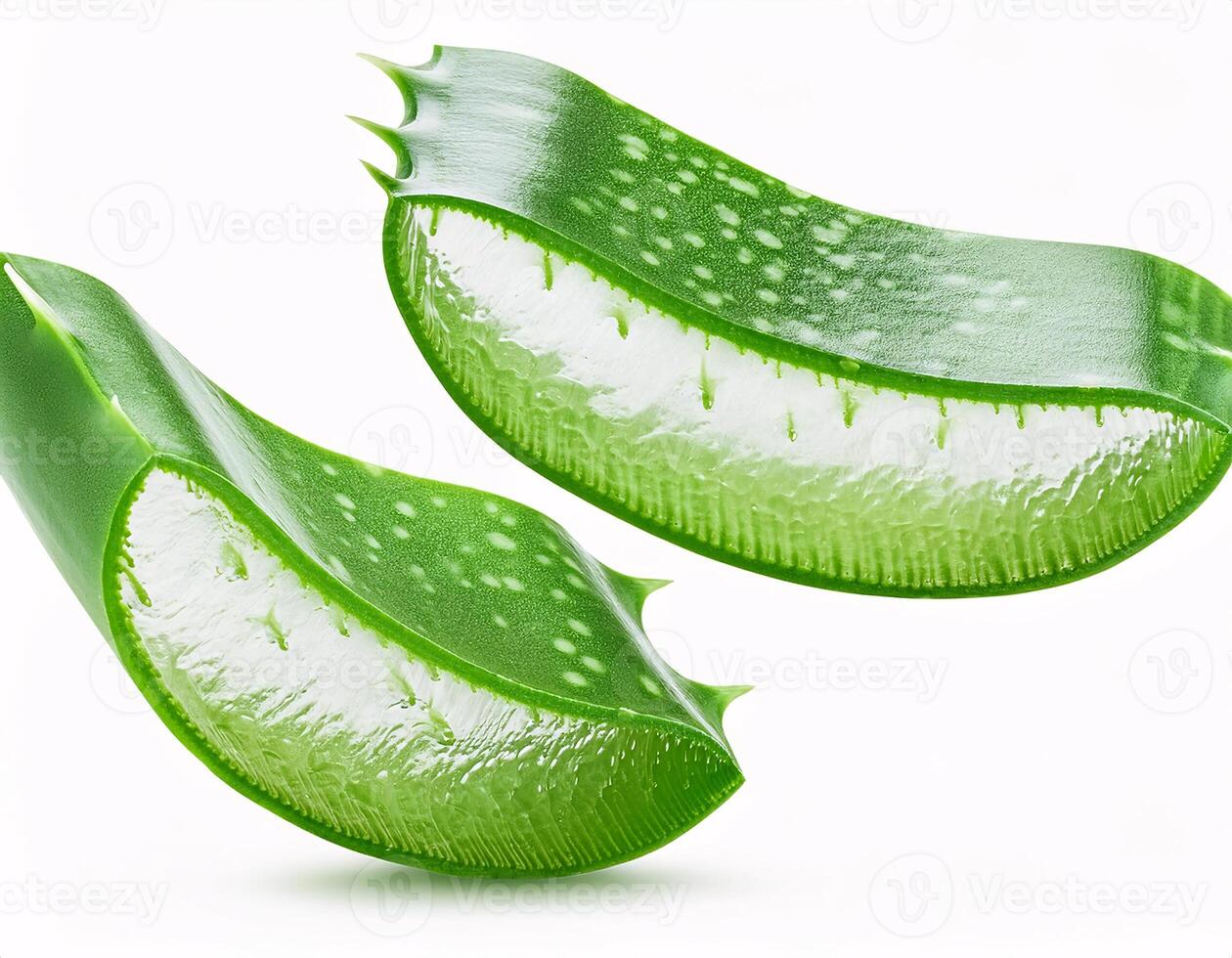 Falling aloe vera in slice shape, isolated on white background and sharp clipping path photo