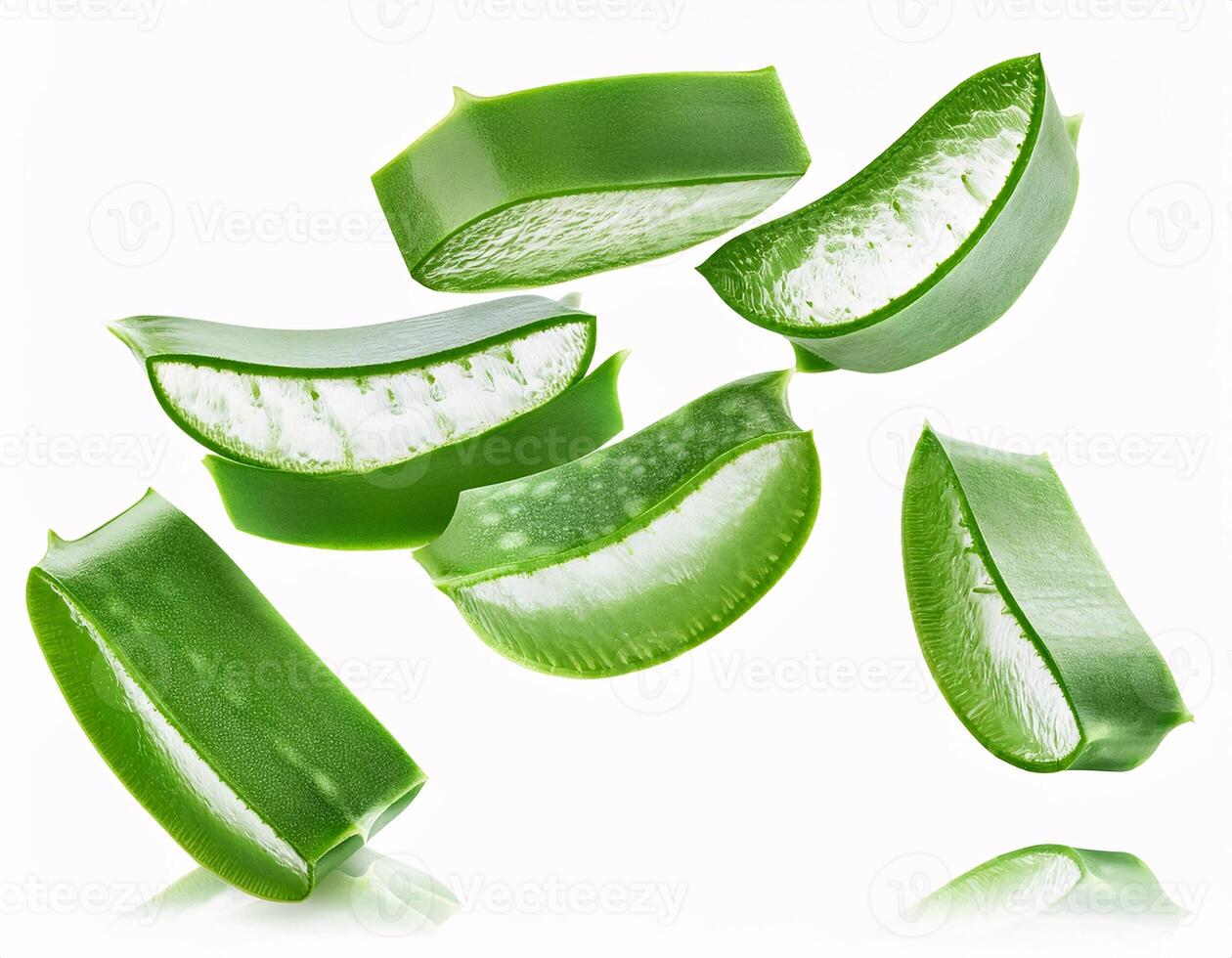 Falling aloe vera in slice shape, isolated on white background and sharp clipping path photo