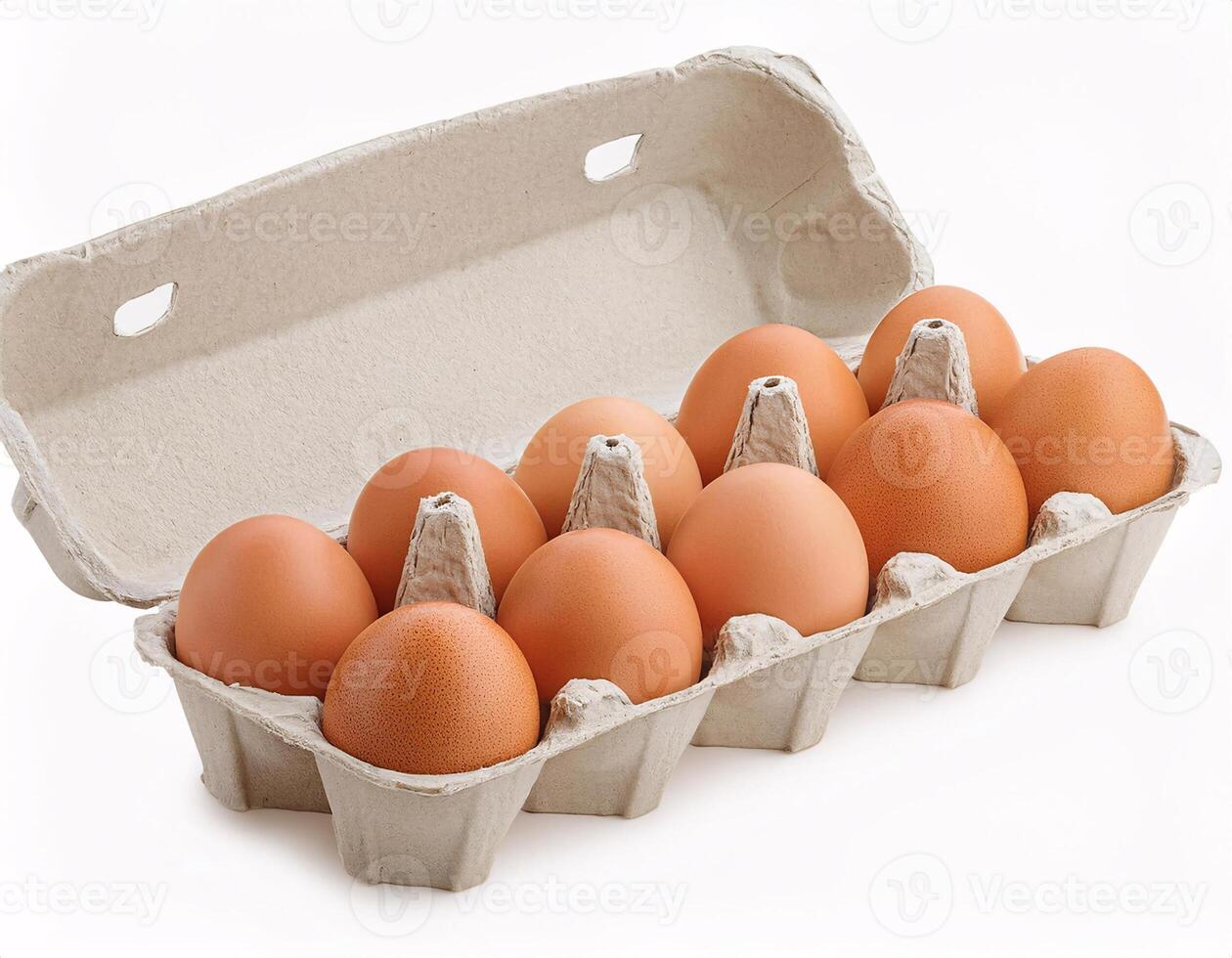 Ten chicken eggs lying in a paper box, isolated on a white background photo