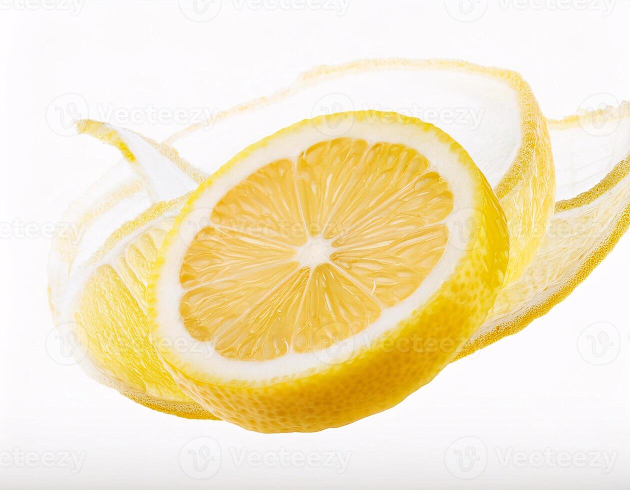 Falling fresh lemon slices floating in the air, isolated on white background photo