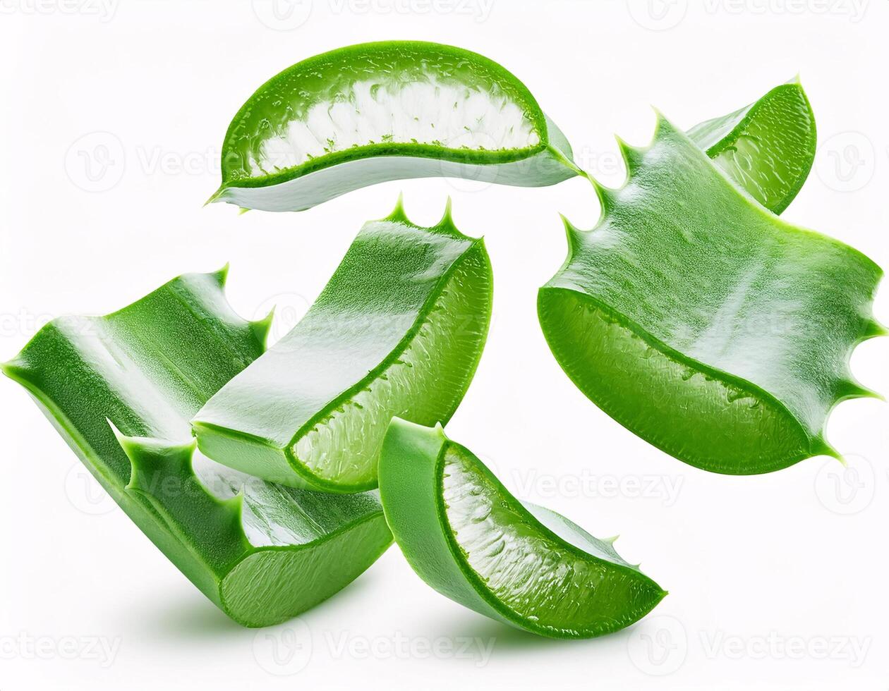 Falling aloe vera in slice shape, isolated on white background and sharp clipping path photo