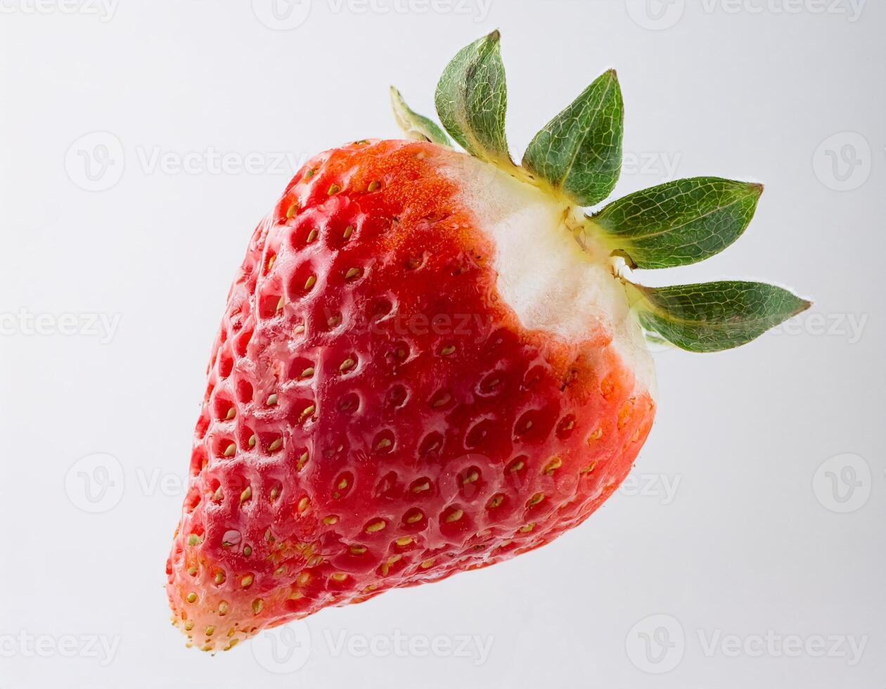 The strawberry fruit floated with a bite mark in the middle photo