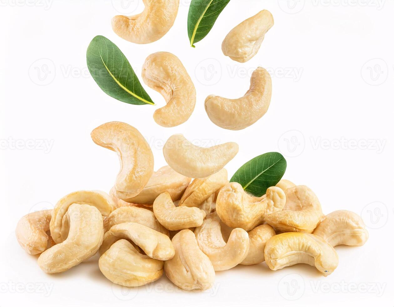 Falling cashew nuts floating in the air, isolated on white background photo