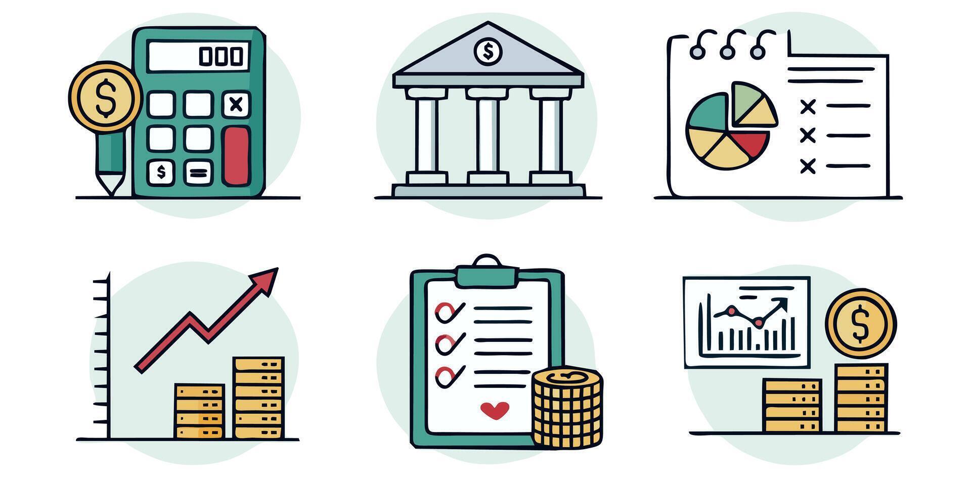 Set of financial icons representing banking, accounting, investment and financial planning using calculator, bank, checklist, coins, charts, and pie chart vector