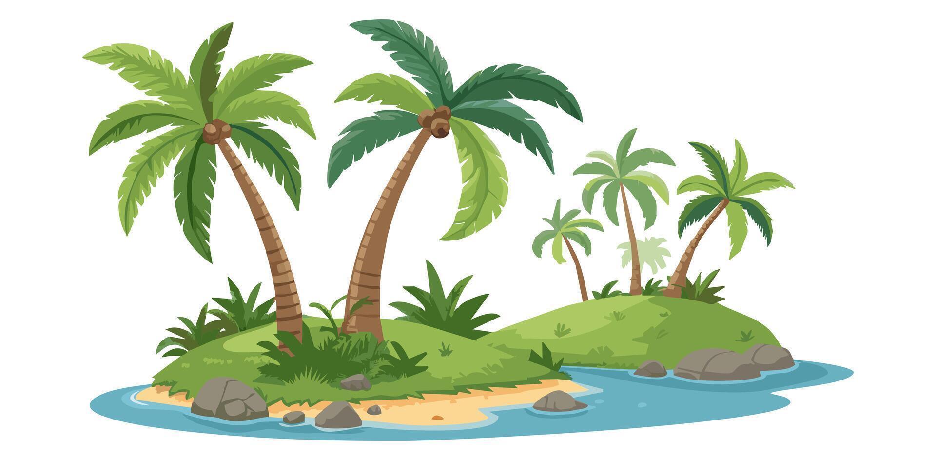 Lush palm trees fringing pristine white sand beaches, emerging from turquoise waters with vibrant tropical landscape vector