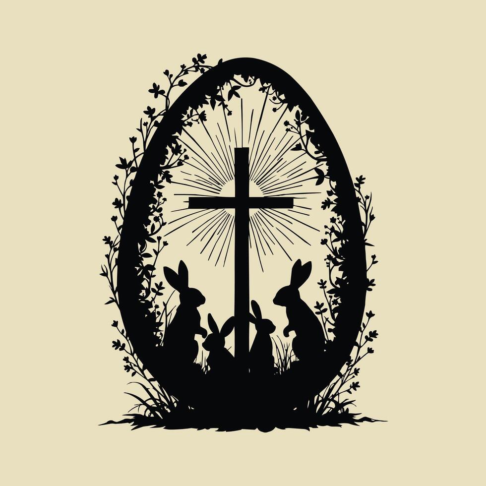Easter Egg Silhouette with Bunny Cross and Floral Eclipse Design vector
