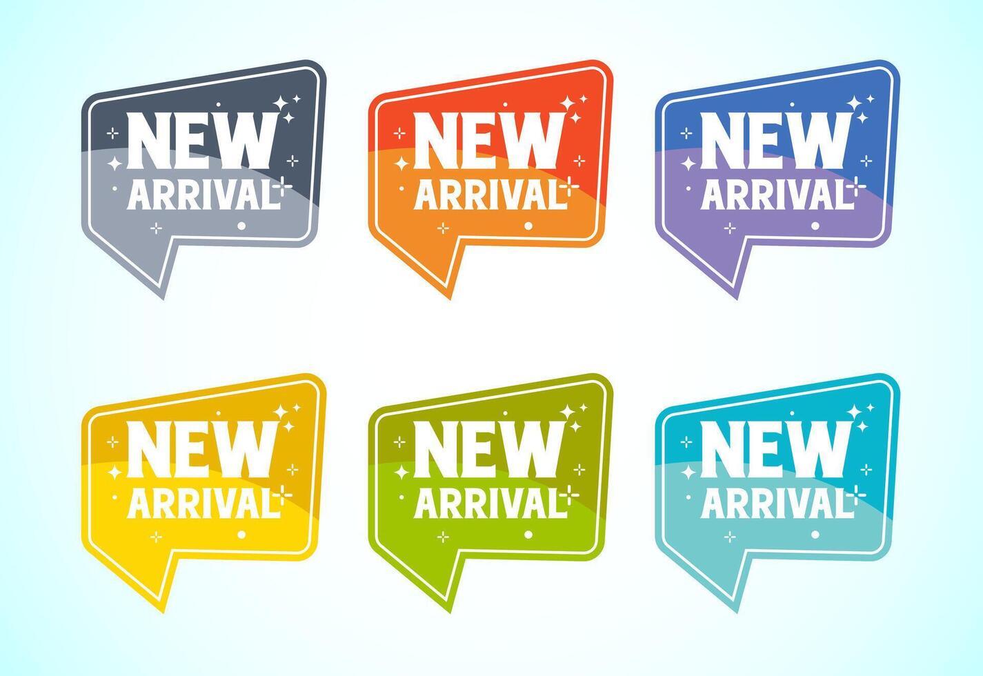 New arrival label advertising sticker, sale tag and banner icon set vector