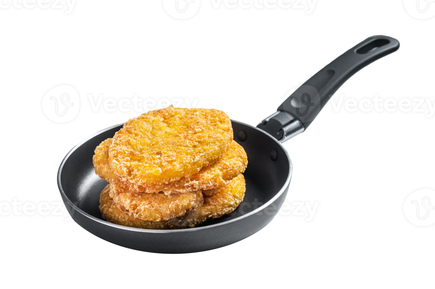 Fried Hash brown potato, hashbrown fritters in a skillet. White background. Top view png