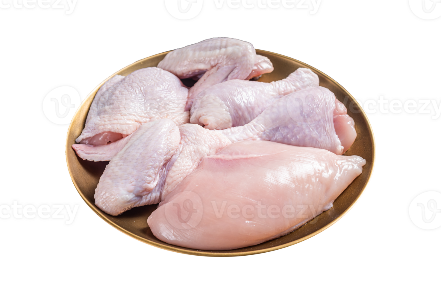 Fresh raw chicken meat with various parts - drumstick, breast fillet, wings, thigh. Black background. Top view png