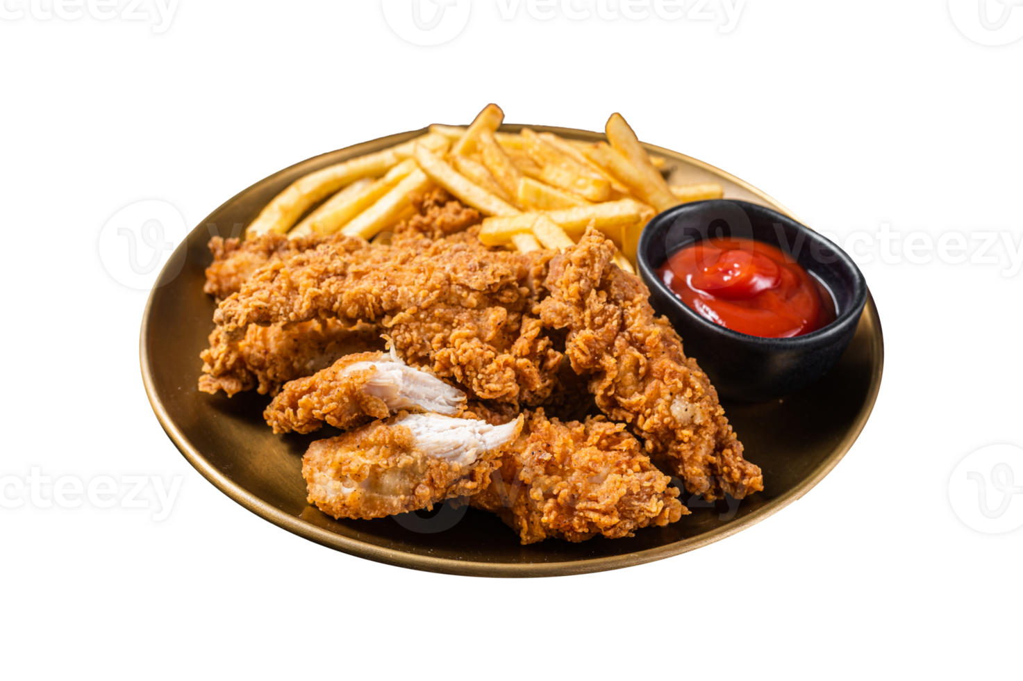 Fried Breaded chicken tender strips with french fries and tomato