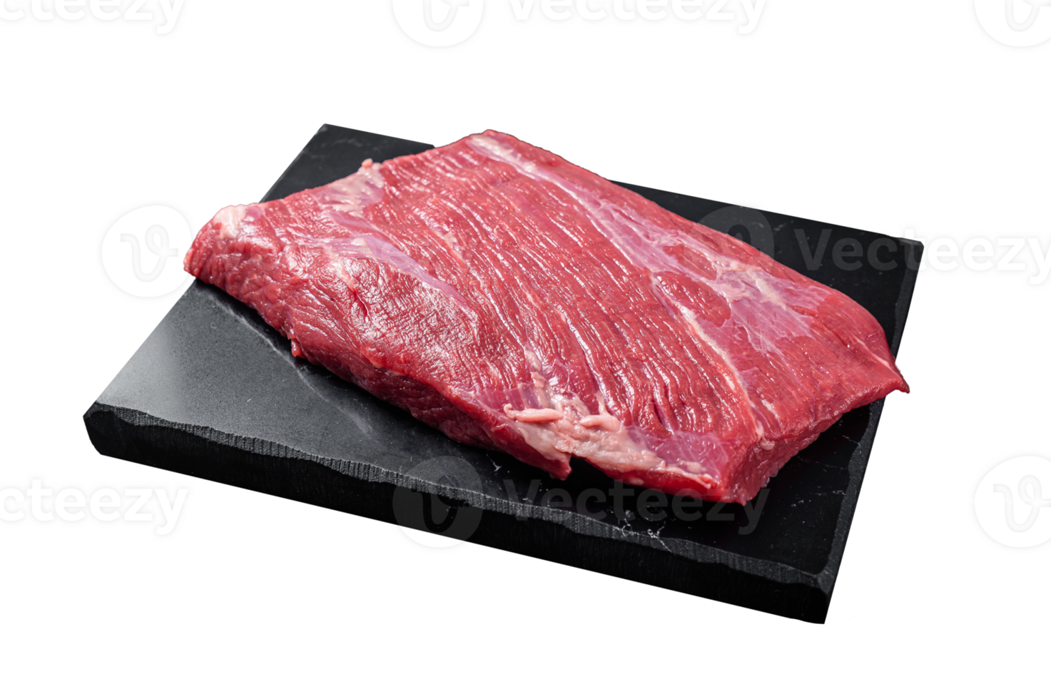 Prime choice flank steak, raw beef meat on marble board with herbs. Black background. Top view png