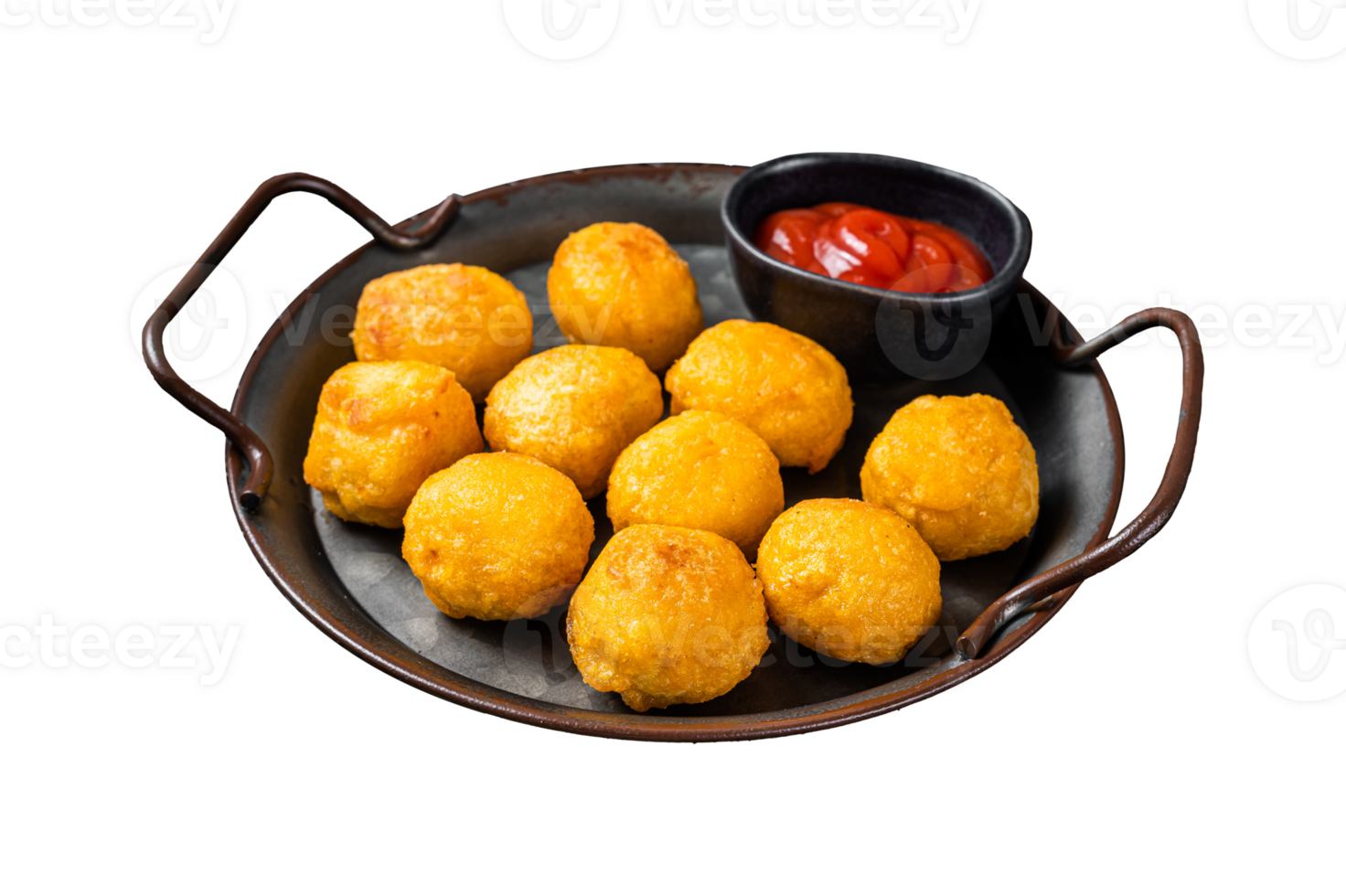 Potato croquettes, mashed potatoes balls breaded and deep fried. Dark background. Top view png