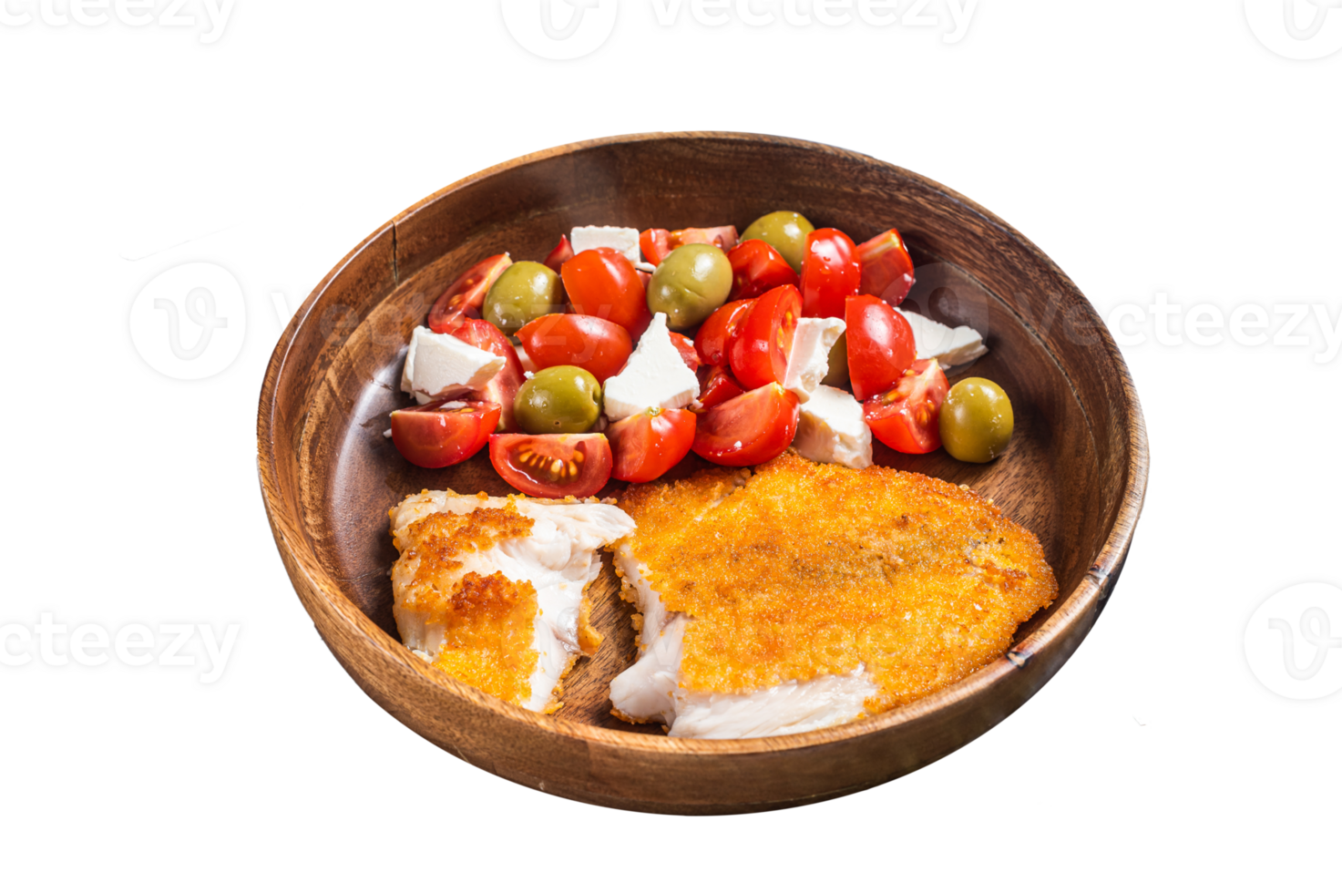 Fried tilapia fillet on a plate with salad. Gray background. Top view png