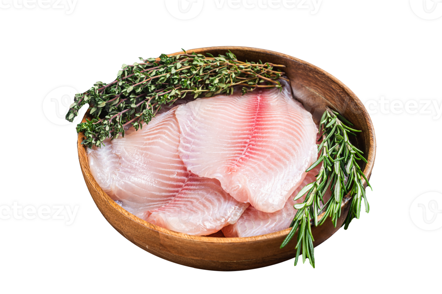 Raw tilapia white fish fillet in a wooden plate with rosemary and thyme. Wooden background. Top view png