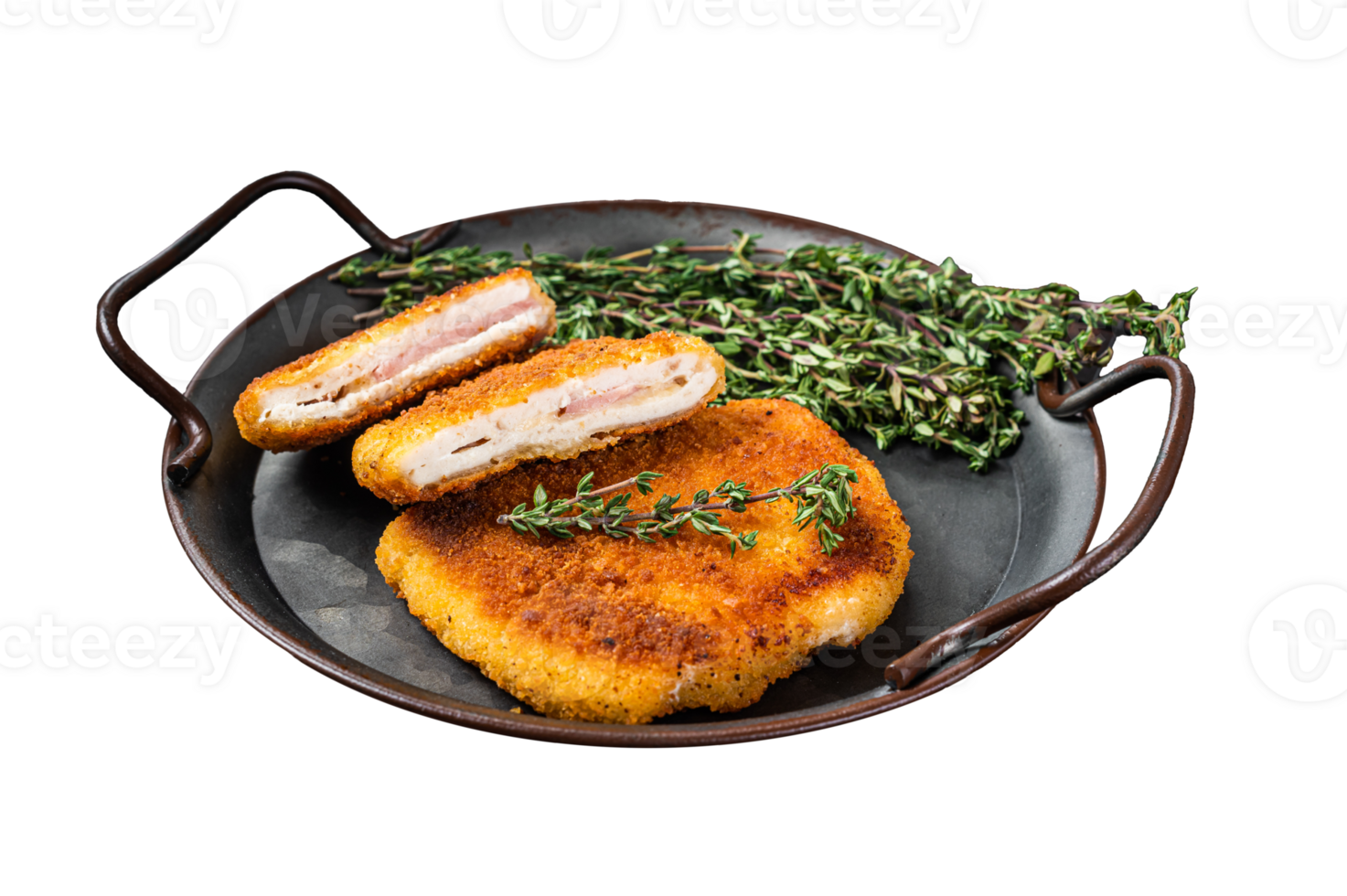 Cordon bleu chicken fillet cutlet with ham and cheese. Dark background. Top view png