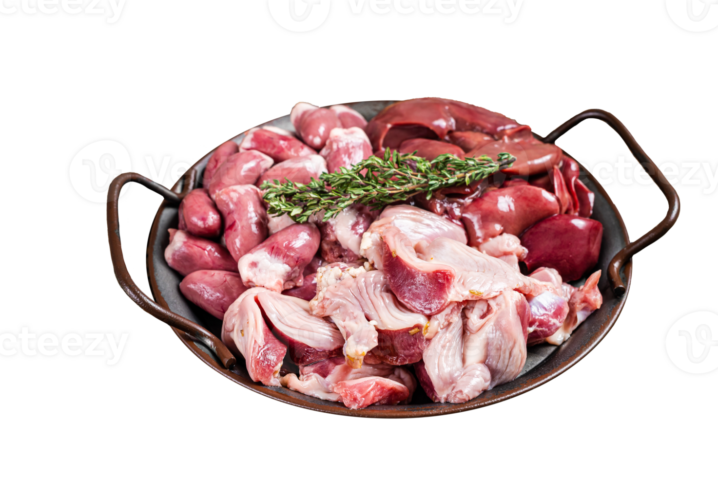 Raw bird giblets meat set, chicken offals, liver, hearts, gizzards Stomach. Wooden background. Top view png