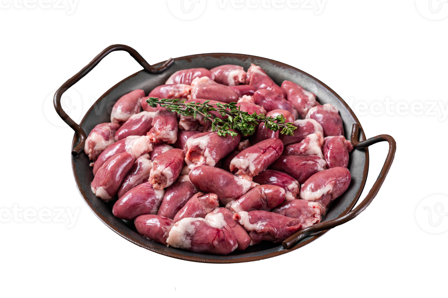 Raw chicken hearts in a steel tray with thyme. Black background. Top view png