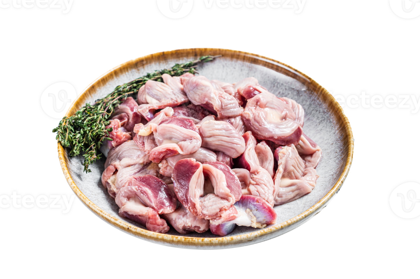 Raw chicken stomachs offals in a plate with herbs. Gray background. Top view png