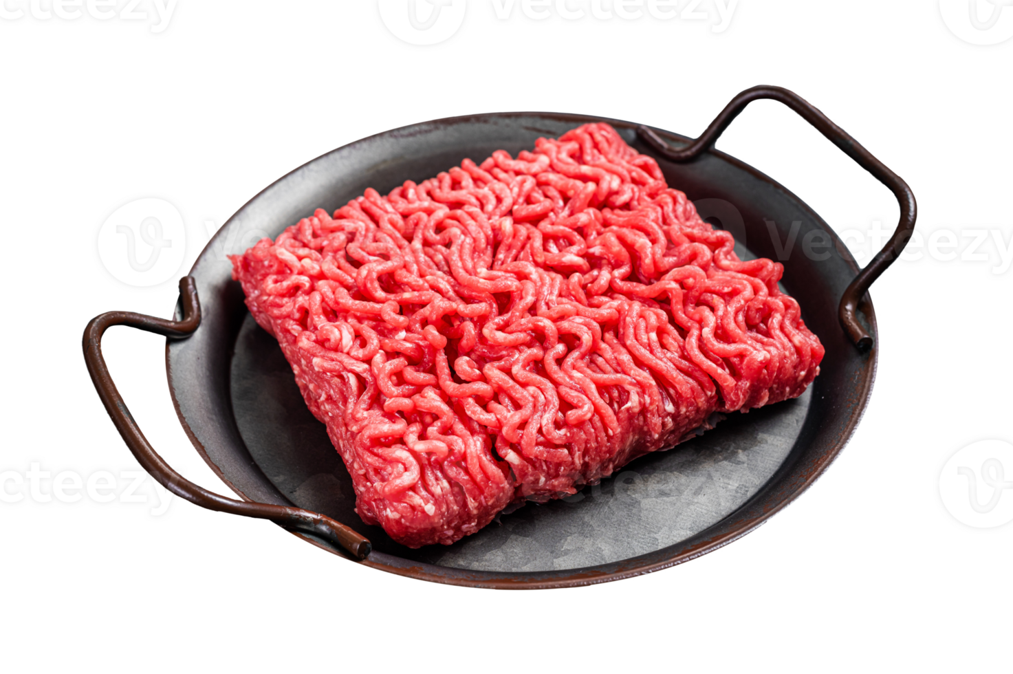 Raw minced beef meat in a steel tray. Black background. Top view png